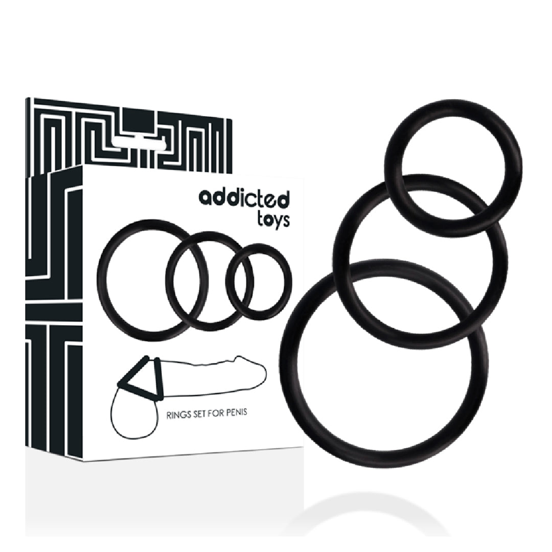 Addicted Toys Set Anelli per Pene Neri 3 Misure Supporto Erezione