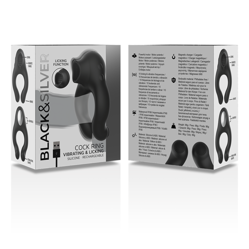 Black & Silver Licking Anello Vibrante con Lingua Ricaricabile Nero – immagine 7