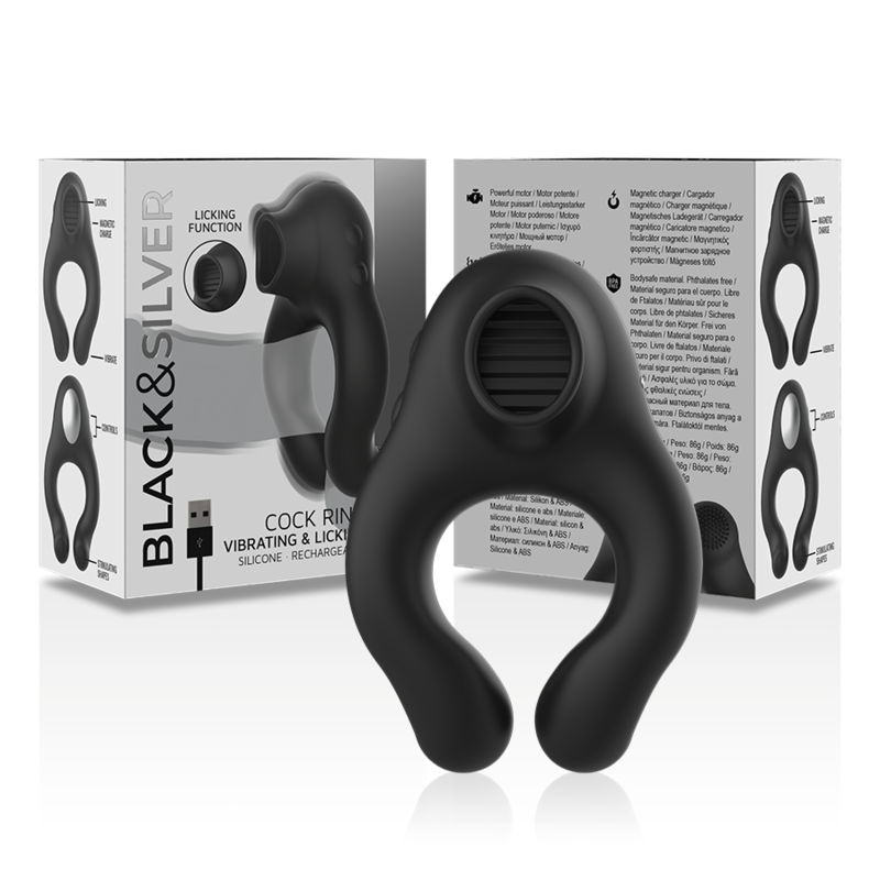 Black & Silver Licking Anello Vibrante con Lingua Ricaricabile Nero – immagine 6