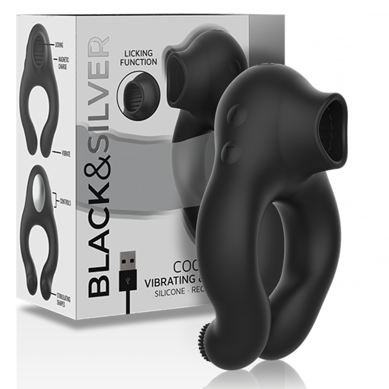 Black & Silver Licking Anello Vibrante con Lingua Ricaricabile Nero – immagine 2