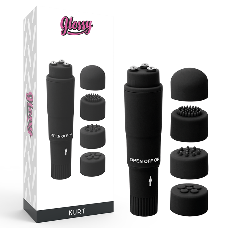 Glossy Kurt Mini Massaggiatore Tascabile con 4 Testine Nero
